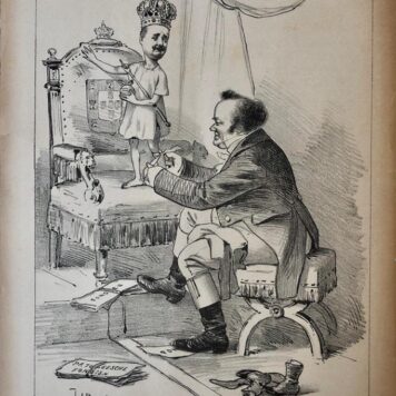 [Original lithograph/lithografie by Johan Braakensiek] De Orde van den Kouseband voor den Koning van Portugal (Honi soit qui mal y pense), 16 October 1892, 1 pp.