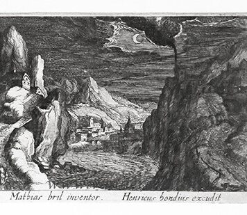 Night scene with moon at top center over a river valley [Topographia variarum regionum; Serie title]