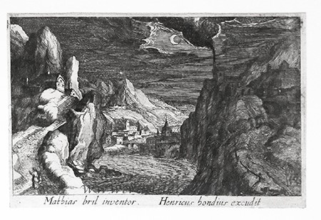 Night scene with moon at top center over a river valley [Topographia variarum regionum; Serie title]