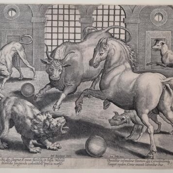 [Antique print, engraving, 1568] Fight among a lion, horse bull and dogs [set title: Venationes Ferarum, Avium, Piscium], published 1568 or after.