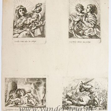 Antique Print, Etching ca 1650 - Four plates in a leaf: 'Virgin and Child', 'Putti near a cannon' and 'David killing Goliath', published ca 1650, C. Schut, 1 p.
