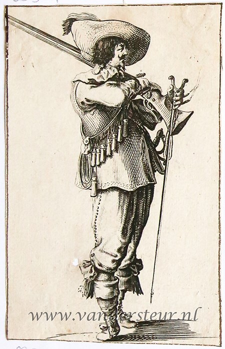 Standing armed soldiers [set title]: Soldier turned to right with musket on left shoulder and holding musket support in left hand