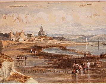 [Antique drawing, 19th century] Picturesque landscape with a view of a beach, water with sailing boats and a small town and church in the background, made in 19th century, 1 p.