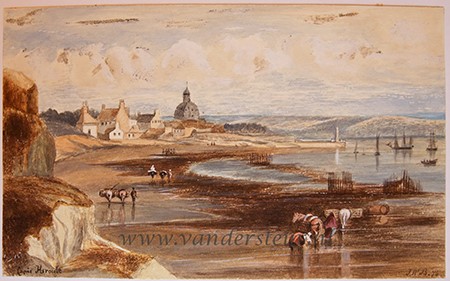 [Antique drawing, 19th century] Picturesque landscape with a view of a beach, water with sailing boats and a small town and church in the background, made in 19th century, 1 p.