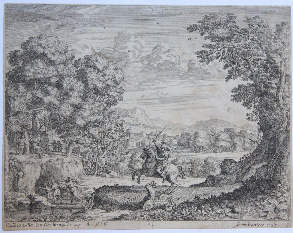 [Antique print, etching] St. George slaying the dragon [or Bellerophon slaying the Chimaera]/Sint Joris en de draak, 1666.