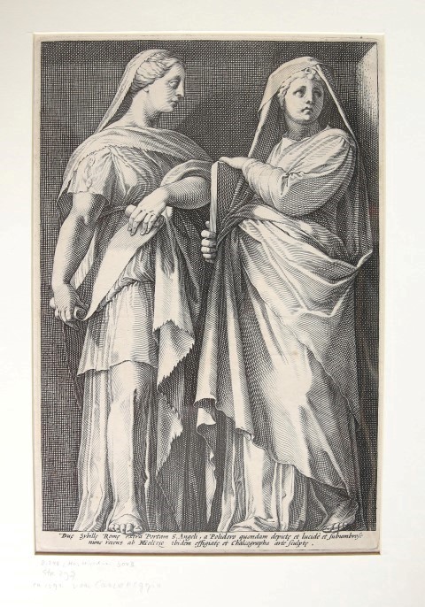 Antique Print, Engraving 1592 - Two Sibyls - H. Goltzius