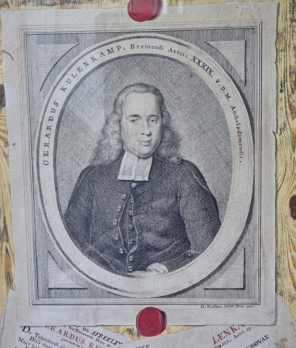 [Antique drawing] Trompe l'oeil with print portrait of Gerardus Kulenkamp (1700-1789) and paper on a wooden board, ca. 1750.
