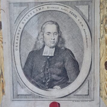 [Antique drawing] Trompe l'oeil with print portrait of Gerardus Kulenkamp (1700-1789) and paper on a wooden board, ca. 1750.