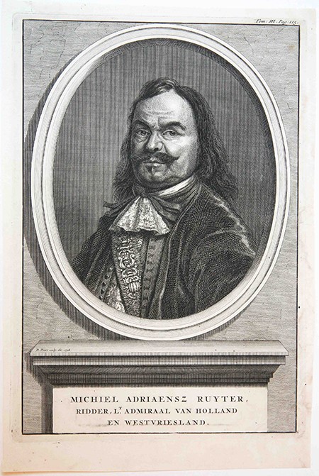Antique Print, Signed 1730 - Portrait of Michiel de Ruyter - B. Picart