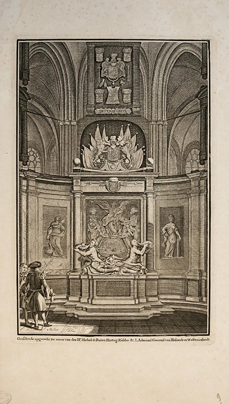 [Antique etching and engraving] The mausoleum of Michiel de Ruyter (1607-1676) in the Nieuwe Kerk in Amsterdam, J. Mulder, published before 1720, 1 p.