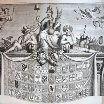 [Antique print, engraving, 1775] Large engraving showing the coats-of-arms of the burgomasters of Amsterdam, with the motto 'CONSERVAT UTRAMQUE', published ca. 1775, 2 pp.