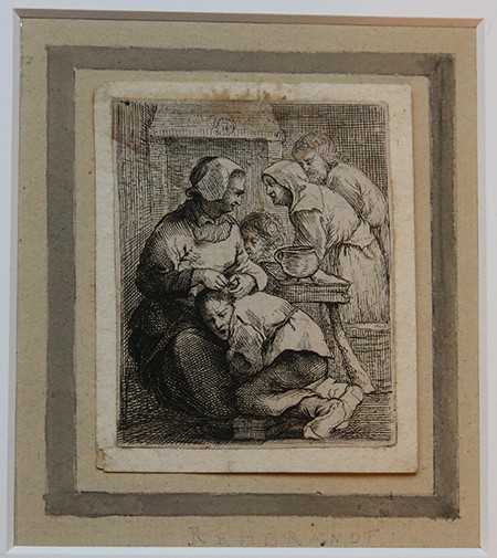 [Antique print, etching] Woman delousing a child, published ca. 1650.