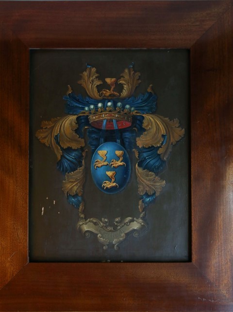 CRABETH, GOUDA - Painted escutcheon depicting the coat-of-arms of the Dutch Crabeth family originating from the city of Gouda.