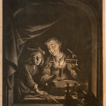 The woman with the mousetrap and a boy, by candlelight: Het muysefalletje