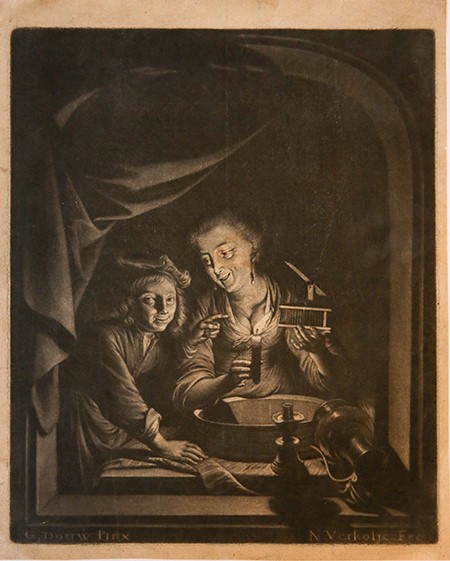 Nicolaas Verkolje (1673-1746) after Gerard Dou (1613-1675) - [Antique print, mezzotint] The woman with the mousetrap and a boy, by candlelight: Het muysefalletje, published ca. 1700, 1 p.