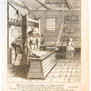 [Antique print, etching] The book printer's workshop, published 1628.