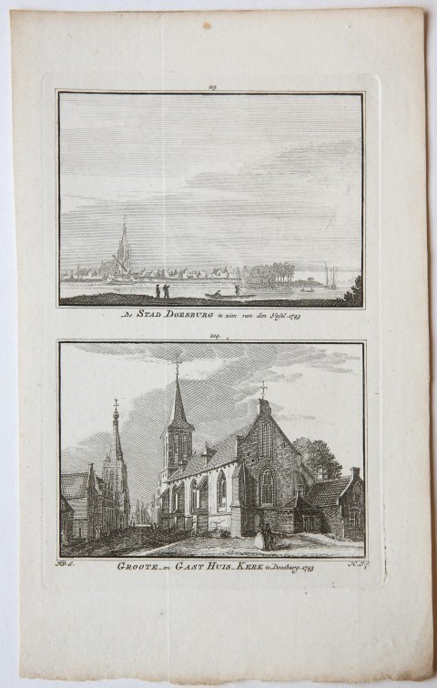 De Stad Doesburg te zien van den IJssel. 1743 / Groote en Gast Huis Kerk te Doesburg. 1743