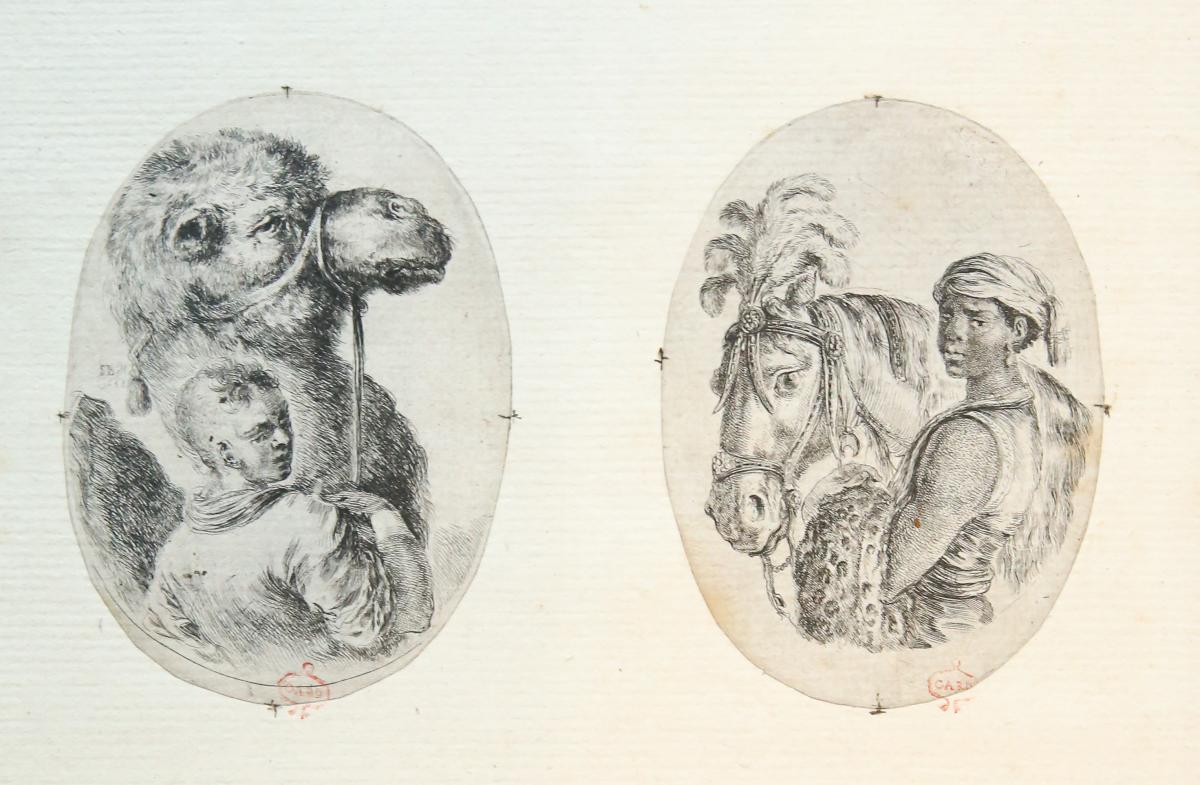 [Antique print, etching] Two slaves, one with camel and the other with bridlet horse, published 1649.