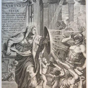 [Antique title page, 1677] Virtue fighting against vices (De Deugd vecht tegen de ondeugden), published 1677, 1 p.