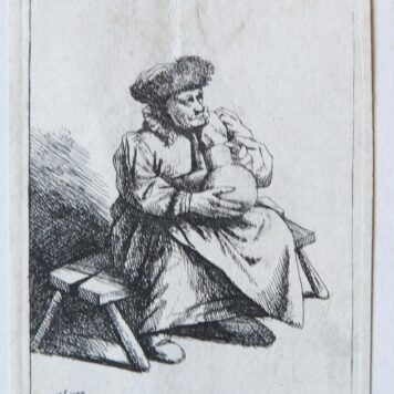 [Antique print, etching] A woman seated, holding a large jug, after 1664.