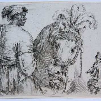 [Antique print, etching] S. della Bella, Black man feeding a horse. ca. 1662