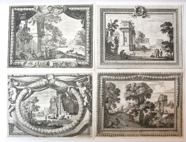 [Antique prints, etching] Eight landscapes with decorative borders (set of eight), published 1751.