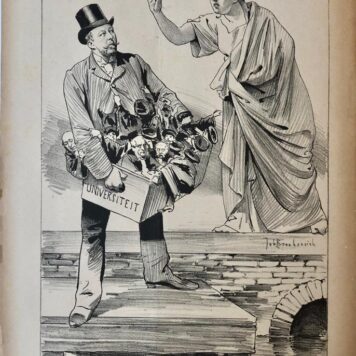 [Original lithograph/lithografie by Johan Braakensiek] De Heer Wüste en de Amsterdamsche Universiteit, 6 November 1892, 1 pp.