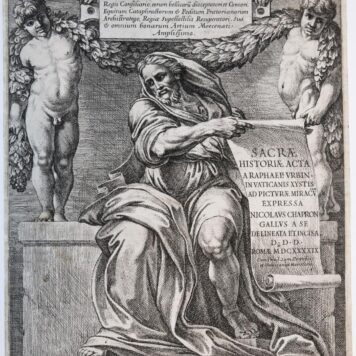 [Antique title page, 1649] Titelprent met de profeet Jesaja met papierrol en twee putti (Rafaël Bijbel), published 1649, 1 p.