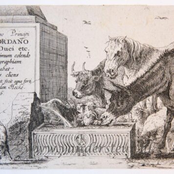[Antique title page, 1656] Animals by a fountain (dog, donkey, ox, cow, sheep), published 1656, 1 p.