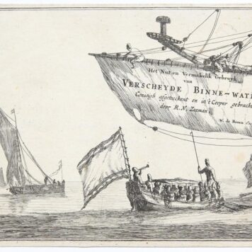 [Antique print, etching] Fishing boats and 'Staten' Sloop with Passengers on calm waters (set title: Inland Waterways), published before 1664.