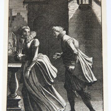 [Antique print, etching] The suitor dangling after his girl at night [from set: GEBRAND ADRIAENSZ BREDERO: Alle de Spelen, 1622] (Verleiding).
