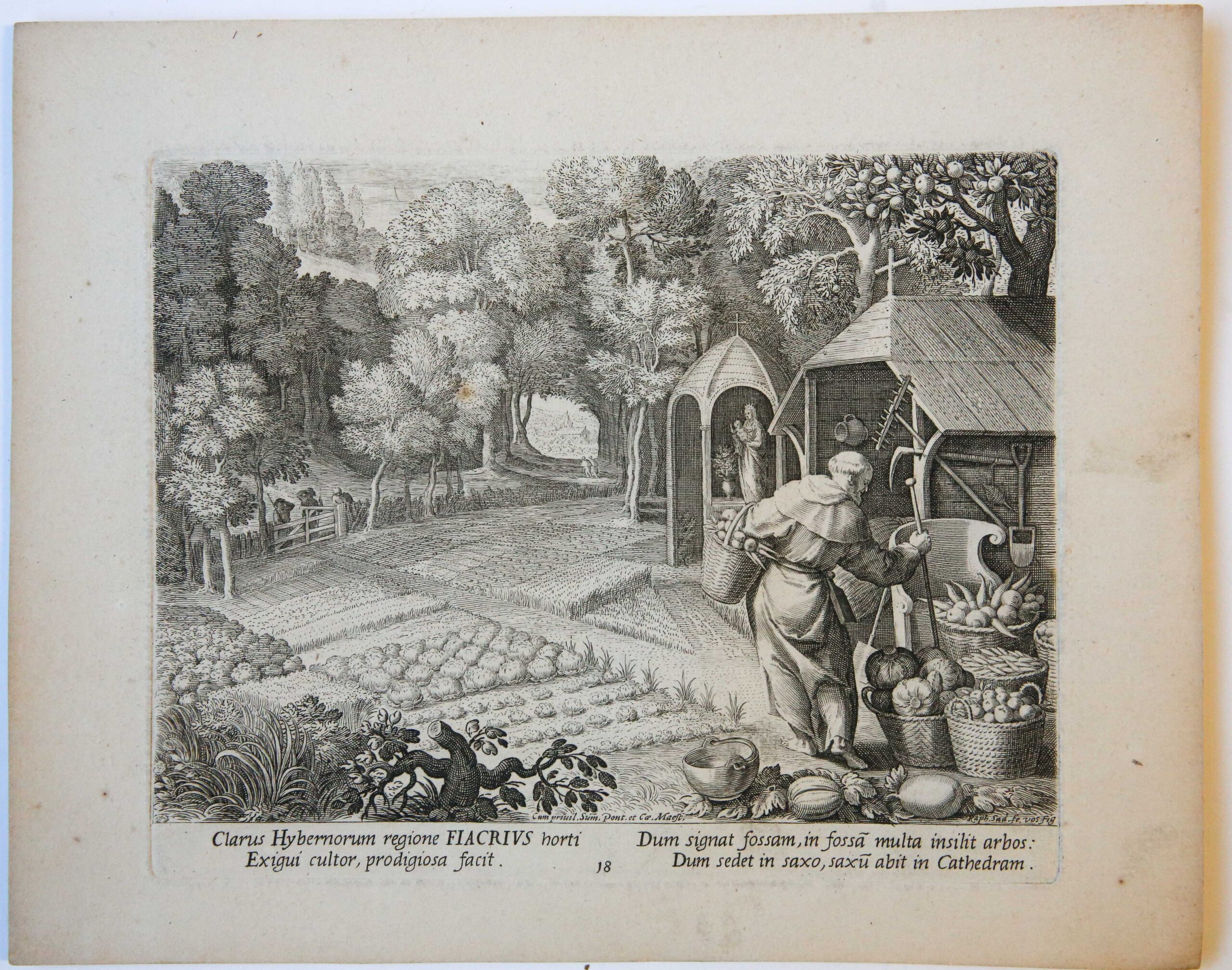[Antique print, engraving, ca. 1600] St Fiacrius harvesting (18) [set: Oraculum Anachoreticum]/Heilige Fiacrius, published ca. 1600, 1 p.