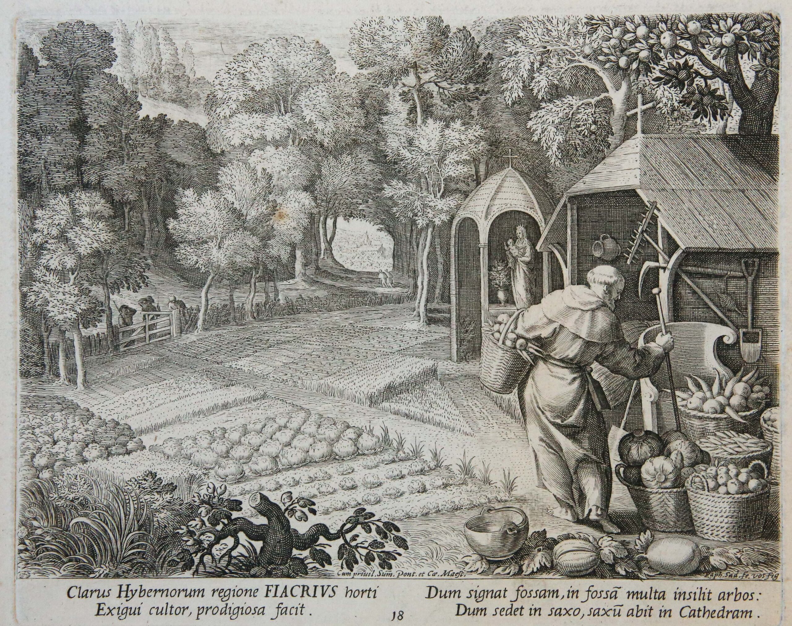 [Antique print, engraving, ca. 1600] St Fiacrius harvesting (18) [set: Oraculum Anachoreticum]/Heilige Fiacrius, published ca. 1600, 1 p.