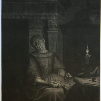 [Antique print, mezzotint] Sleeping woman/Slapende vrouw met borduurwerk. ca. 1662-1726.