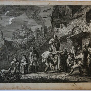[Antique print, etching] Peasants before an inn, ca 1700.