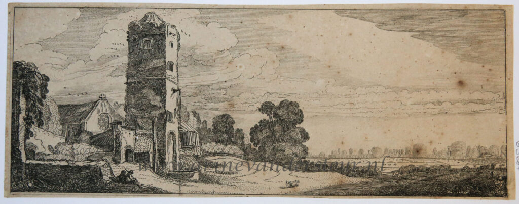 [Antique print, etching] Square tower and a church /Vierkante toren met kerk, published 1615.