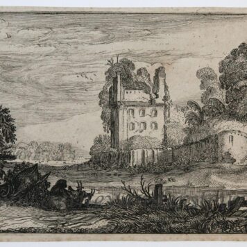 [Antique print, etching] Ruins of a house and a herd playing the flute/Ruïne met fluitspelende herder, published ca. 1615.