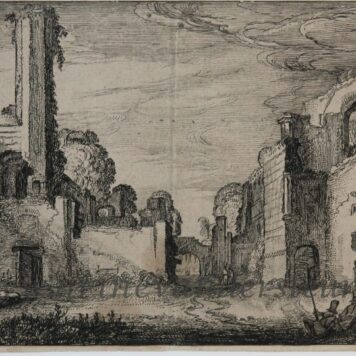 [Antique print, etching] Large tree and ruins with a tower /Ruïne en grote boom, published 1615.