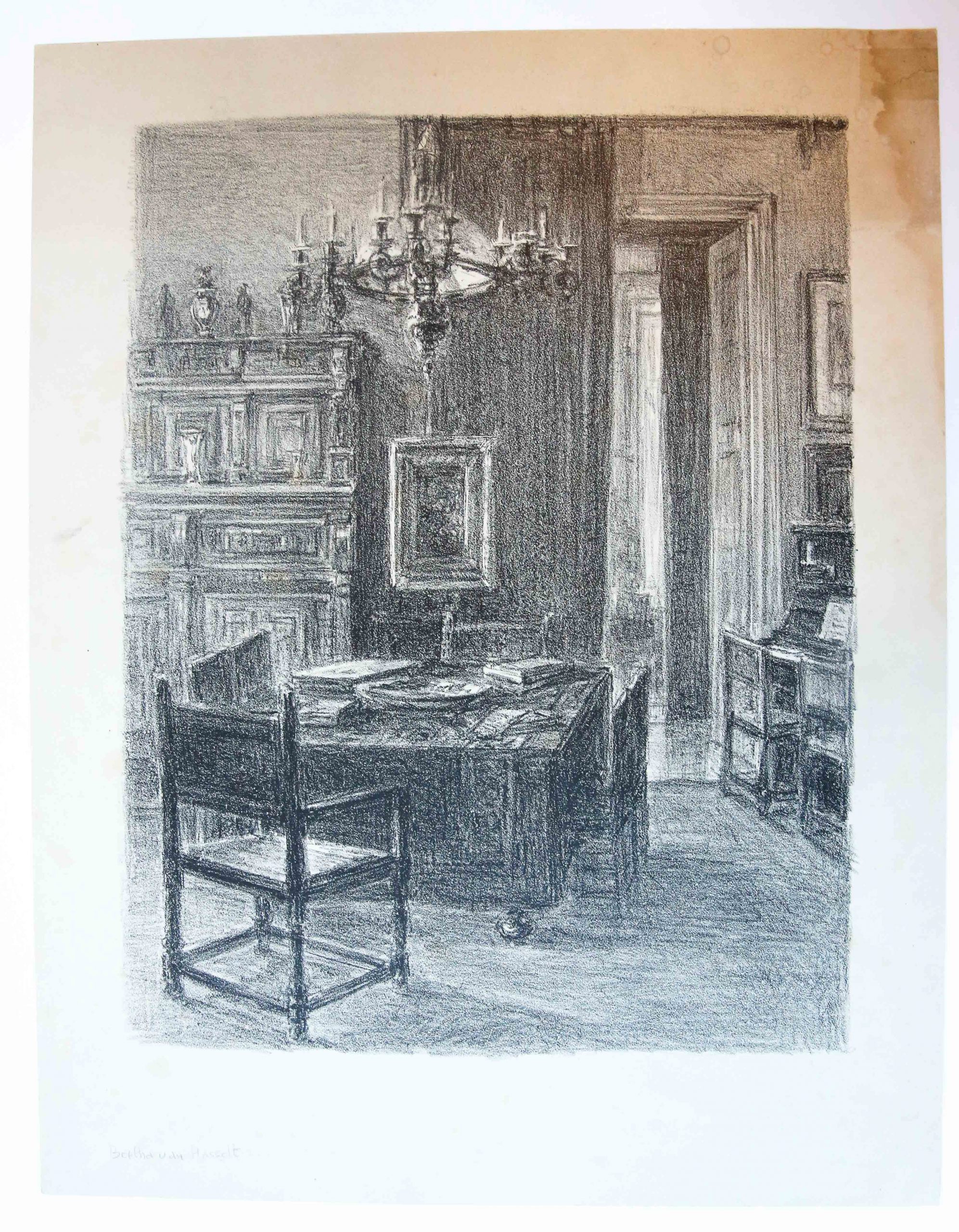 Print of interior of studyroom (interieur studeerkamer).