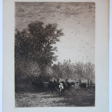 Etching of farmer and cows in the meadow (ets van boer en koeien in weiland).