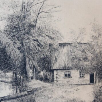 Lithography/litografie: Riverside cottage (cottage bij een rivier).