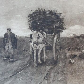 Lithography of Man and horse with cart.