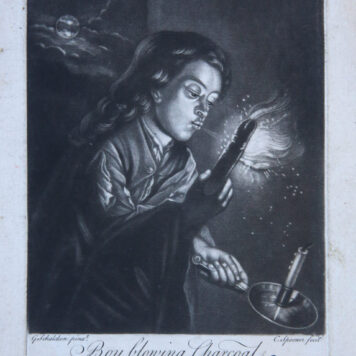 [Antique British mezzotint] Boy blowing Charcoal/Jongen blaast houtskool aan, published 1700-1750.