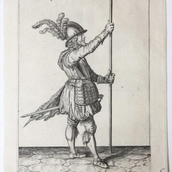 [Original engraving by Jacques de Gheyn II] The second movement for Lowering the pike to the ground. (Set title: Wapenhandelinghe van Roers Mvsquetten ende spiessen... also known as 'The exercise of Arms').