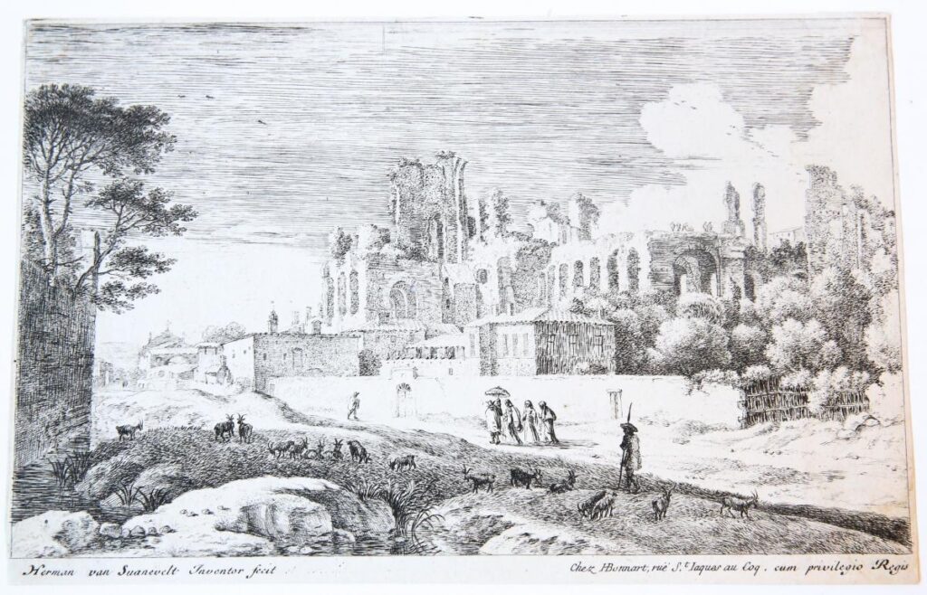 Landscape with ruins and a woman with a parasol [set: Twelve landscapes] (landschap met ruine en vrouw met parasol).