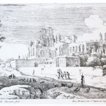 Landscape with ruins and a woman with a parasol [set: Twelve landscapes] (landschap met ruine en vrouw met parasol).