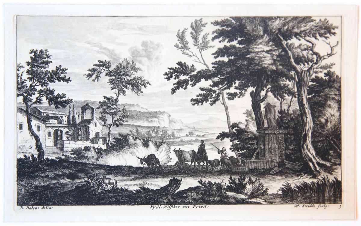 [Antique print, etching and engraving] Shepherds with flock passing by a fountain [Set: Verschyde Landschappjes...] (Schaapsherders met kudde bij een fontein), published ca. 1660.