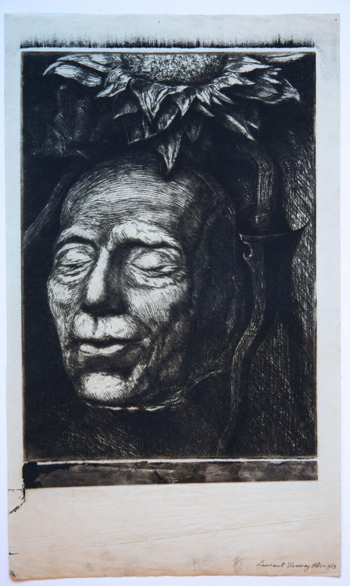 [Modern print, etching and drypoint] Deathmask with sunflower and dagger, published ca. 1900.