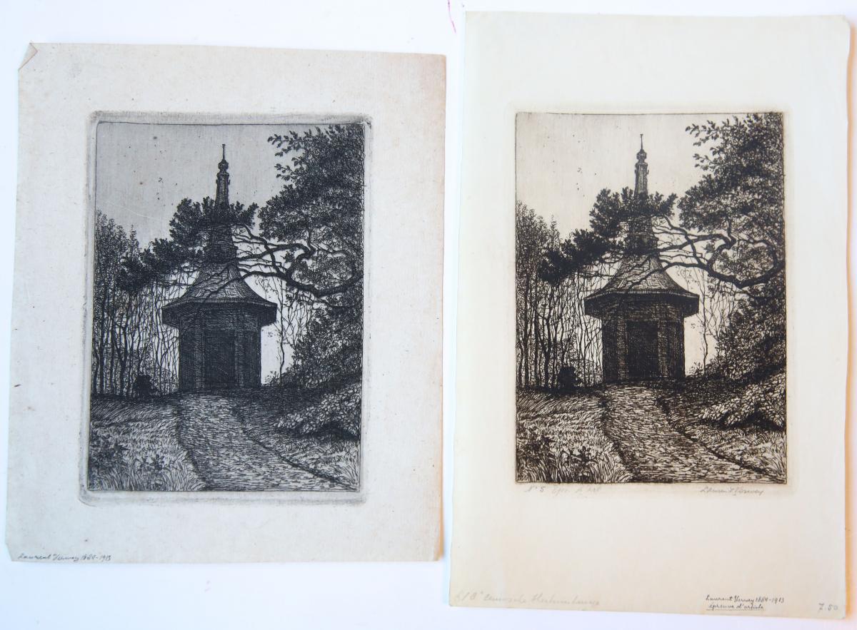 [Modern prints, etching] Eighteenth century garden shed. (two impressions) (twee impressies van 18e eeuws tuinhuis), published before 1913.