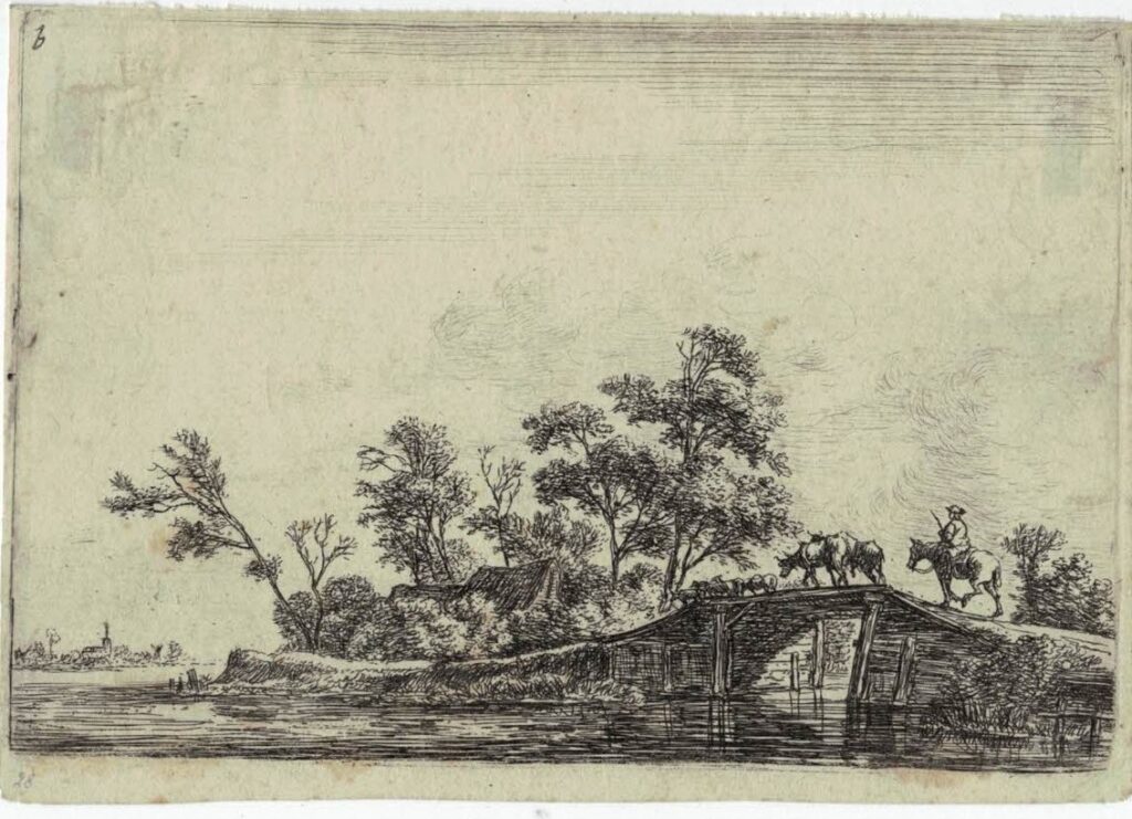 A rider and flock on a bridge [set: twelve lettered plates].